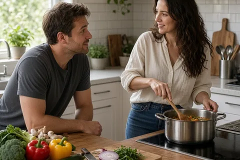 A woman in her early thirties with long dark wavy hair and her male partner in his mid-thirties with short brown hair engaged in conversation while cooking dinner in a modern kitchen.
