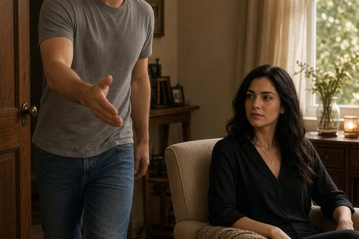 A Leo man entering a room to connect outwardly as a Scorpio woman observes quietly from an armchair in the background