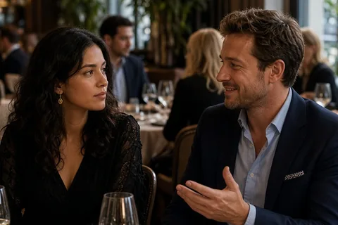 A Scorpio woman in an elegant black dress seated at a restaurant table observing her date who is smiling and talking to other guests at nearby tables
