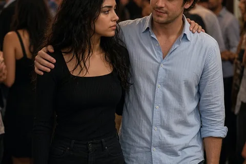 Scorpio woman with dark wavy hair and intense eyes and Pisces man with wavy brown hair and gentle expression exiting a crowded gathering, her guiding him supportively while he offers an affirming gest