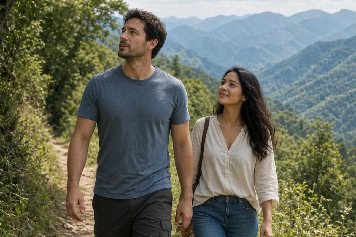 A couple on a mountain trail hike, the man scanning the horizon energetically and the woman walking calmly beside him