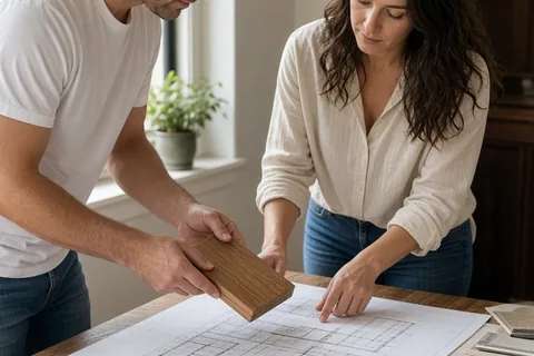The Taurus man with short dark hair and the Scorpio woman with long wavy brown hair collaborate on home renovation plans at a table with blueprints and material samples in a bright room.
