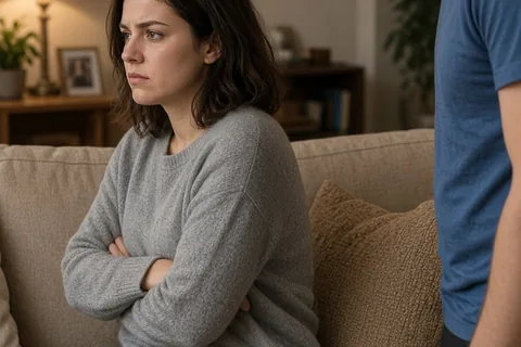 A woman with shoulder-length dark brown hair sitting on a couch with arms crossed looking coldly away as a man stands nearby in a living room