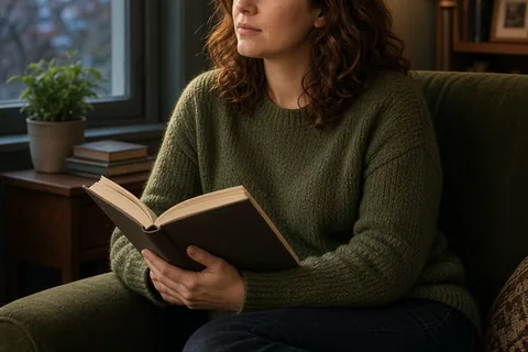 A woman with wavy auburn hair wearing an olive green sweater sitting alone in a living room holding a book and looking out the window thoughtfully.