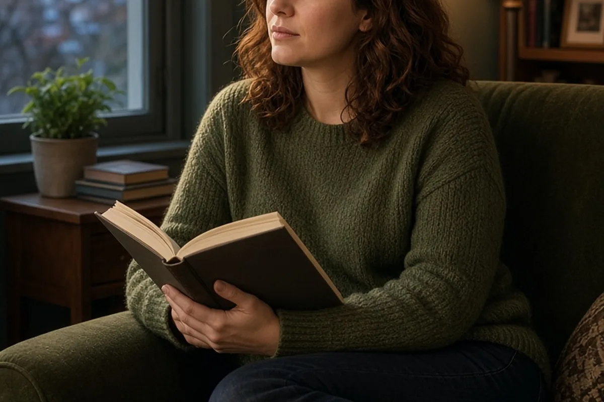 A woman with wavy auburn hair wearing an olive green sweater sitting alone in a living room holding a book and looking out the window thoughtfully.