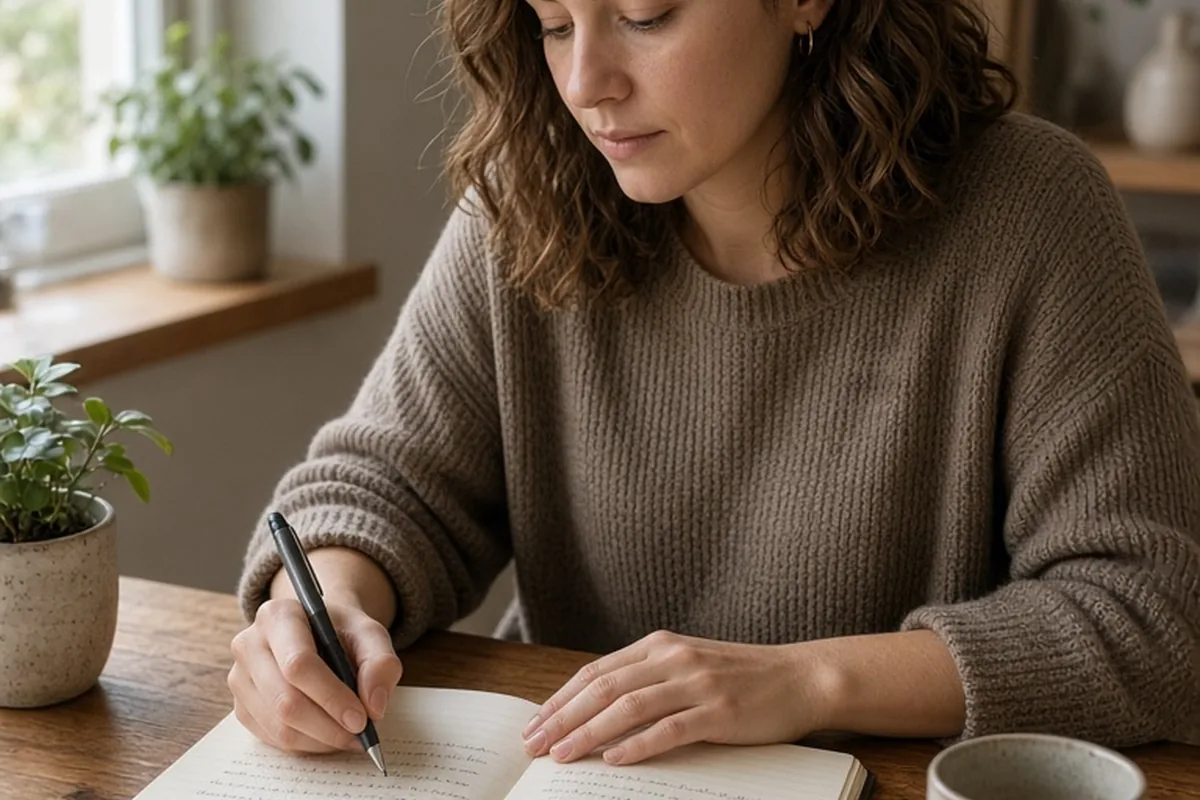 A woman with shoulder-length wavy brown hair writing in an open notebook at a wooden desk with a pen