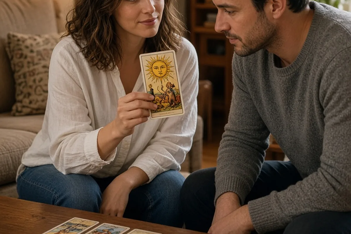A woman and a man sitting side by side at a table in a living room, the woman holding up a tarot card for the man to examine.