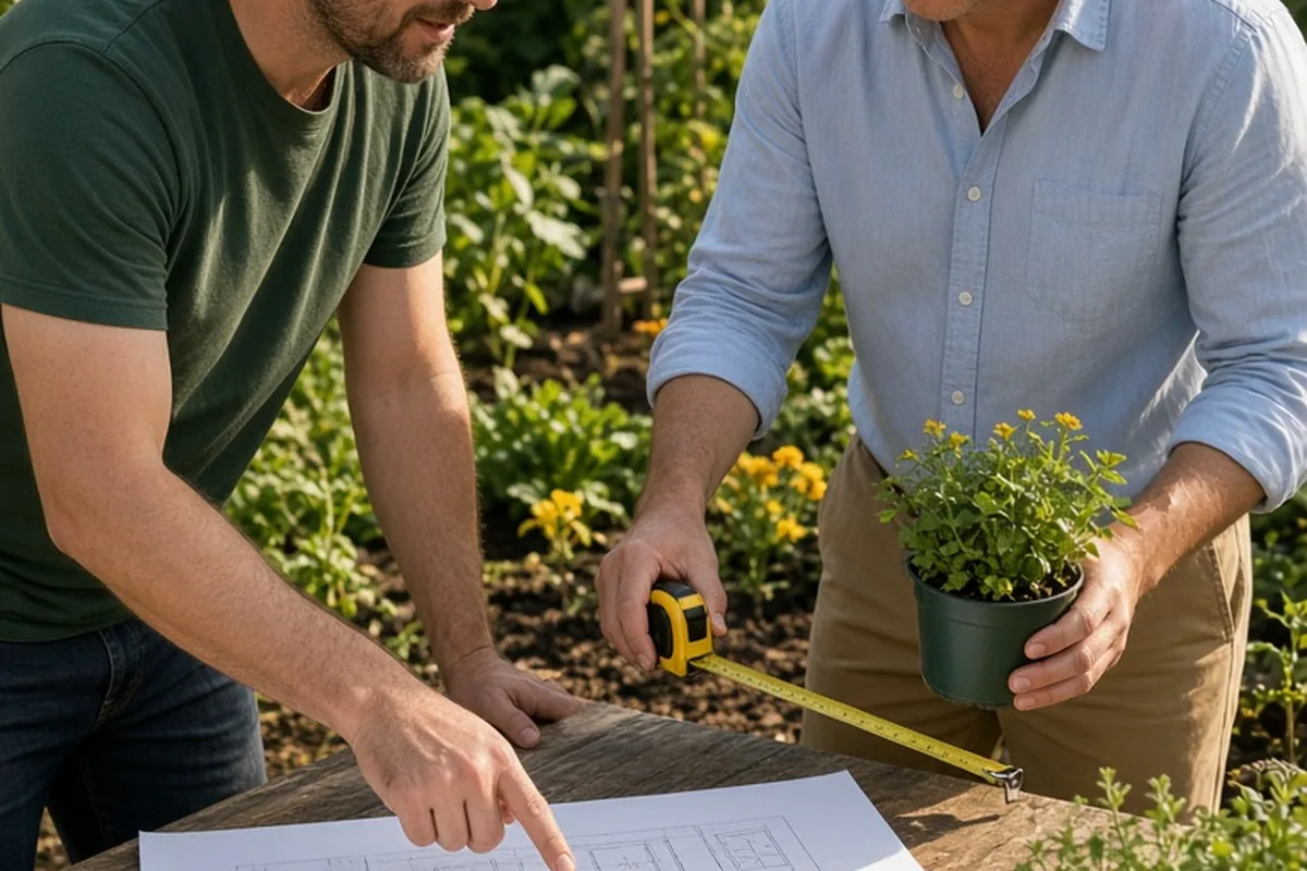 Two men in a backyard garden one gesturing at a paper with garden design ideas and the other holding a measuring tape and a potted plant engaged in planning the project