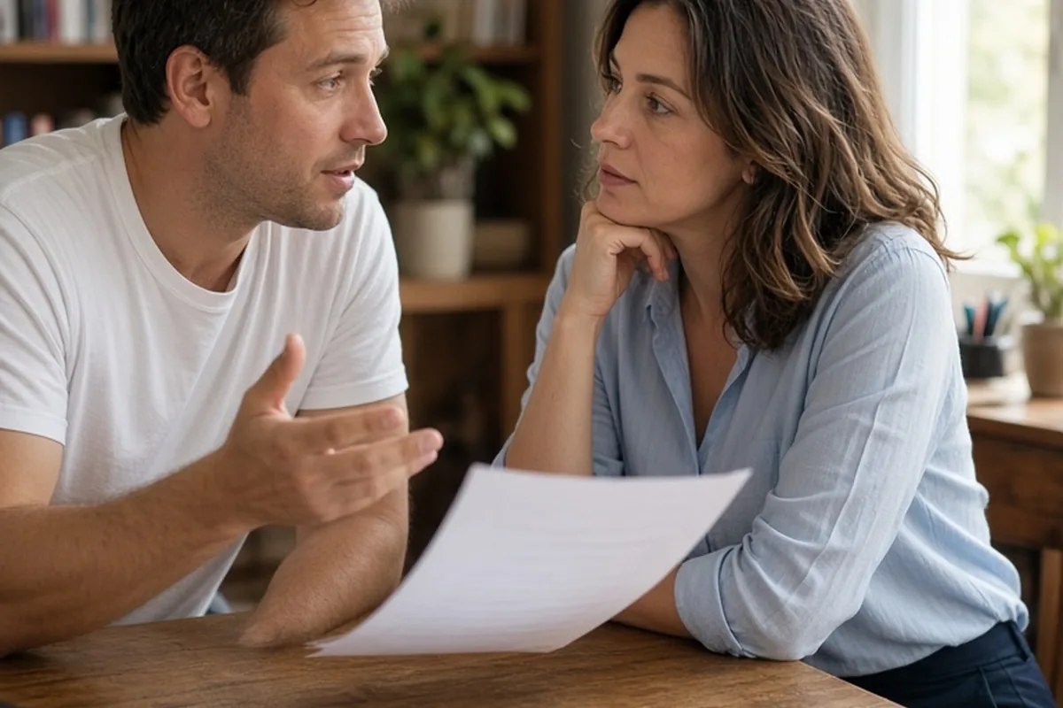 A man with short brown hair and a woman with wavy brown hair sitting at a desk in an office, engaged in a calm conversation about dividing their financial surplus between savings and creative projects