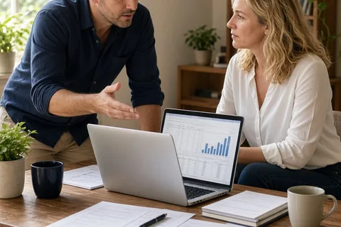 A couple in their late thirties seated at a wooden desk in a home office reviewing financial documents on a laptop and papers with focused expressions