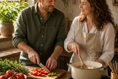 A clearly adult couple cooking together in a sunlit kitchen, the man chopping vegetables on the counter and the woman stirring a pot on the stove.