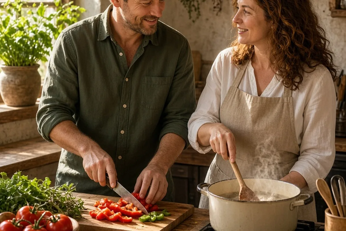 A clearly adult couple cooking together in a sunlit kitchen, the man chopping vegetables on the counter and the woman stirring a pot on the stove.