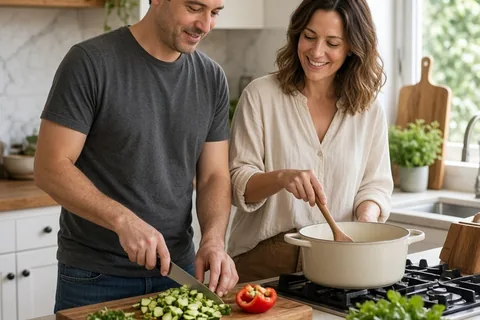 Two friends cooking a meal together in a bright kitchen