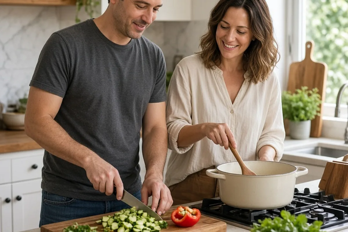 Two friends cooking a meal together in a bright kitchen