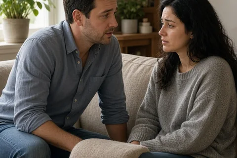 A man in his thirties with short dark brown hair asks a woman with long wavy black hair a question while they sit facing each other in a cozy living room