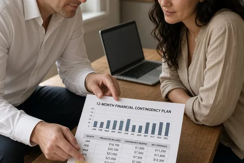 A man and a woman sitting at a wooden kitchen table; the man is holding a printed financial document toward the woman who is examining it closely