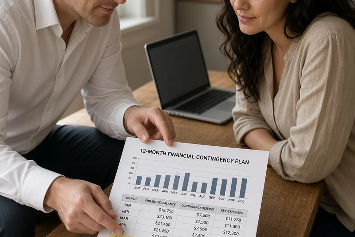 A man and a woman sitting at a wooden kitchen table; the man is holding a printed financial document toward the woman who is examining it closely