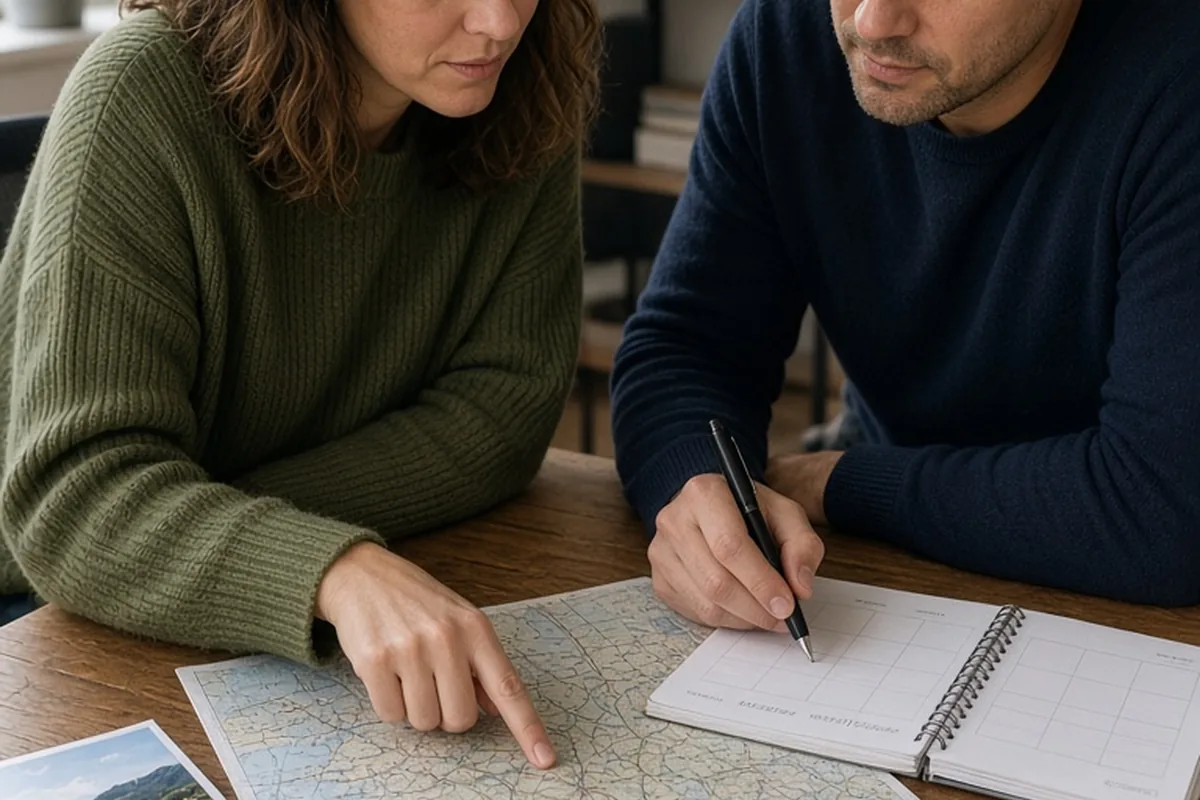 A couple at a wooden table in a home office planning a weekend getaway with a travel map and open calendar