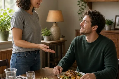 Two adults in a home dining room, the woman gesturing to encourage the man to enjoy a meal at the table after work