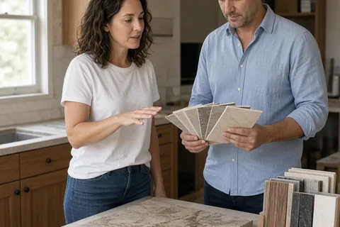 A woman with wavy brown hair and a man with short dark hair standing in a kitchen examining material samples for the remodel