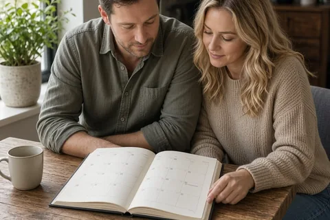 A couple sitting side by side at a table in a home interior both looking down at an open planner calendar.