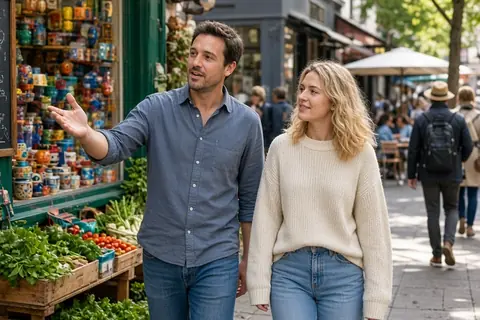 Two adults walking through a vibrant street market, one gesturing at shops and the other suggesting the next activity in a shared outing