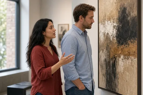 The couple in a modern art gallery talking while looking at a painting