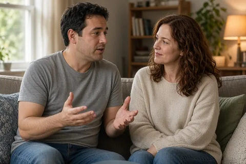 A man with short dark hair in a gray t-shirt and a woman with wavy auburn hair in a cream sweater sitting on a sofa in a living room, the man gesturing as he talks to the woman who is listening