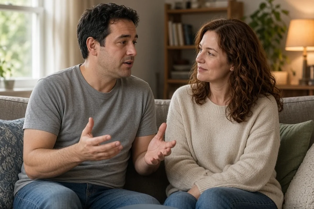 A man with short dark hair in a gray t-shirt and a woman with wavy auburn hair in a cream sweater sitting on a sofa in a living room, the man gesturing as he talks to the woman who is listening