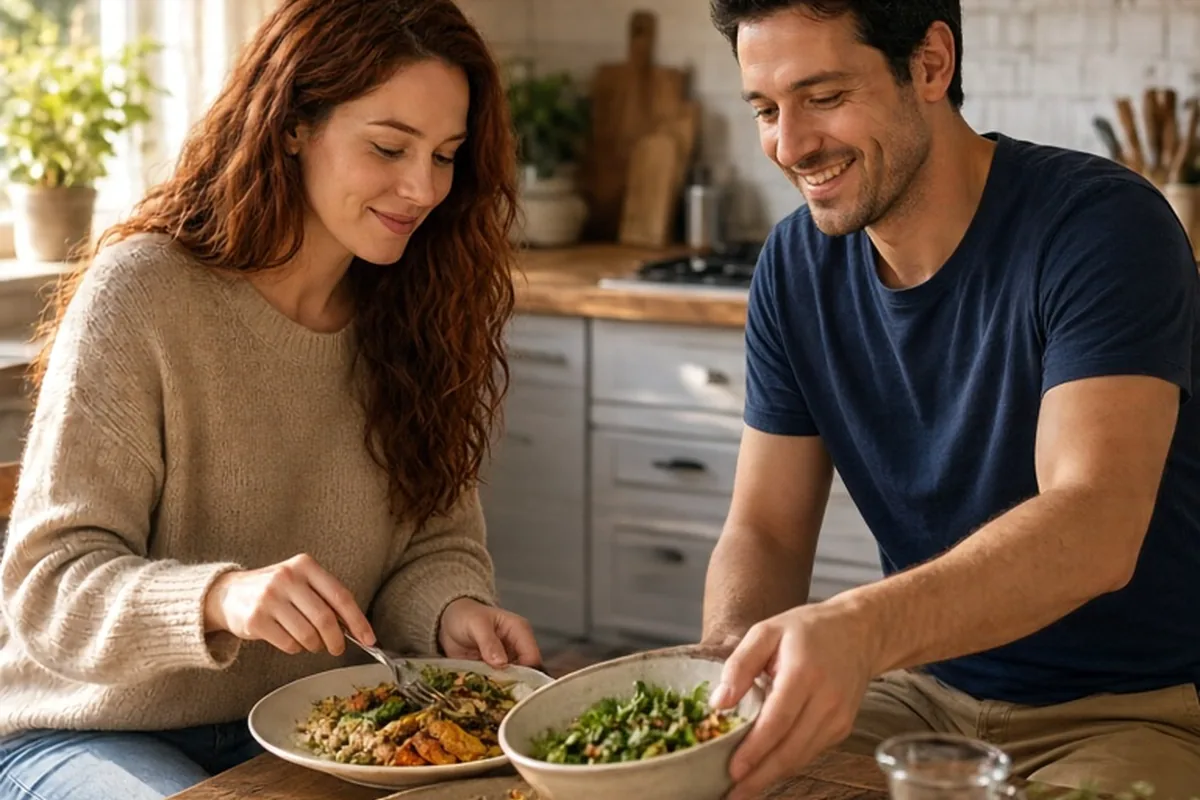 A couple seated at a dining table in a kitchen, one serving food while the other is relaxed