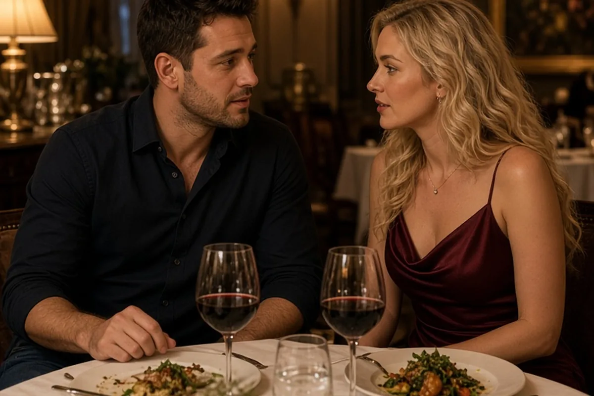Marcus and Elena sitting at a restaurant table engaged in conversation about their plans and compromise