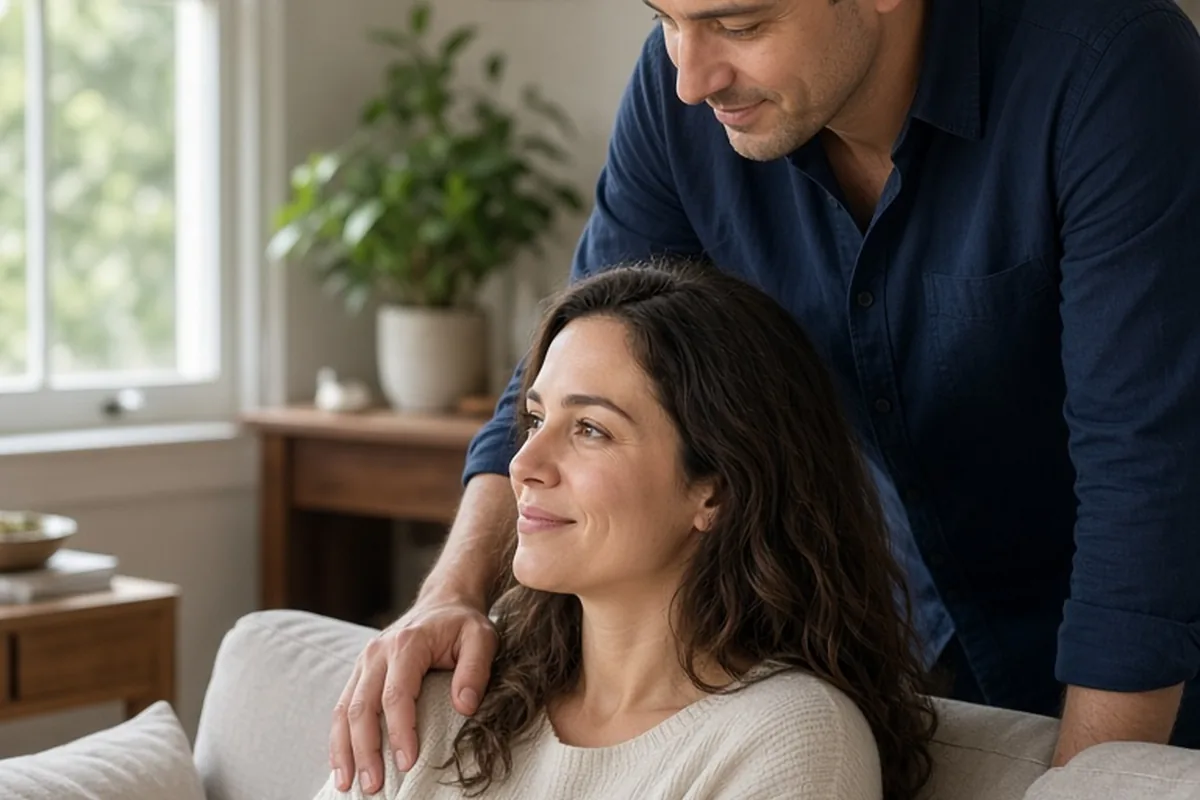 A clearly adult man gently placing his hand on the shoulder of a clearly adult woman who is sitting on a couch in a living room
