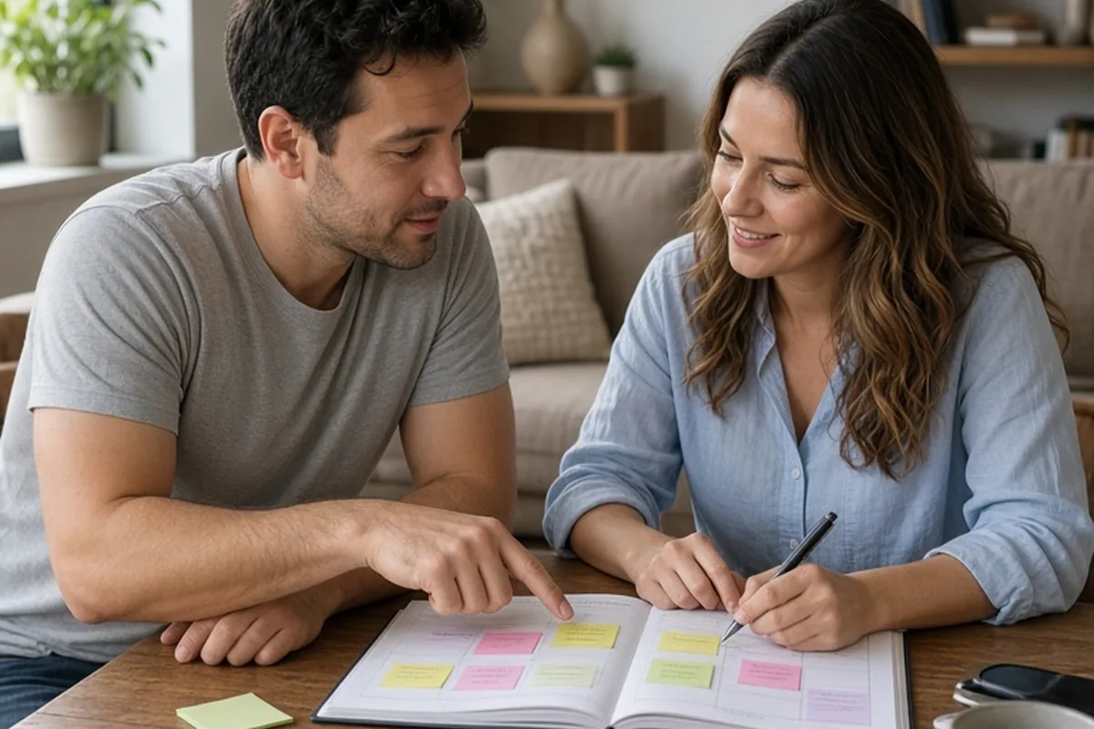 Couple at a dining table in a living room reviewing an open calendar with one partner gesturing to home nights and the other marking social plans