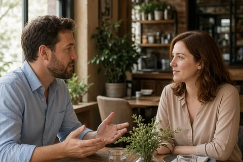 Two adults sitting at a restaurant table in conversation