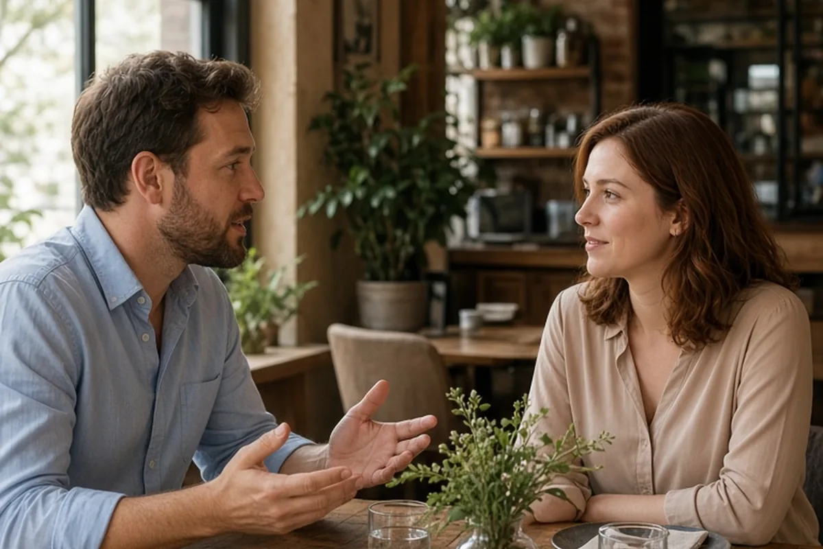 Two adults sitting at a restaurant table in conversation