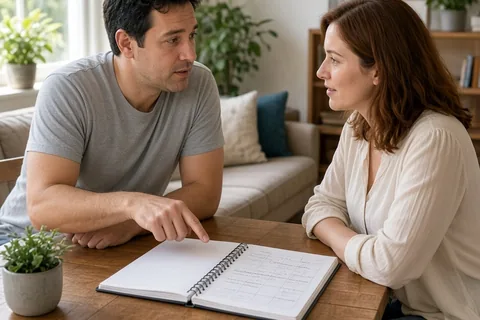 A man and woman at a table in a living room discussing a calendar.