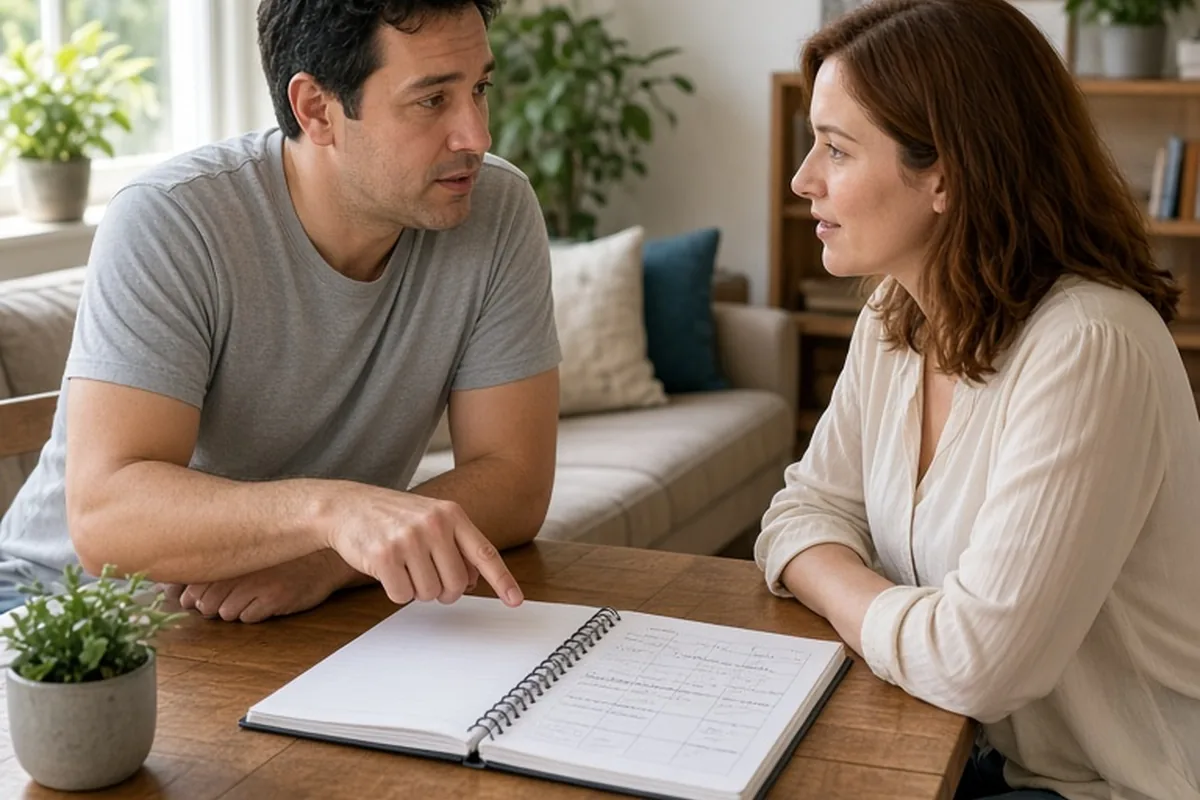 A man and woman at a table in a living room discussing a calendar.