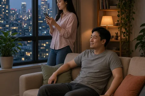 A man and a woman in a living room, with the man sitting on the couch and the woman standing by the window with phone