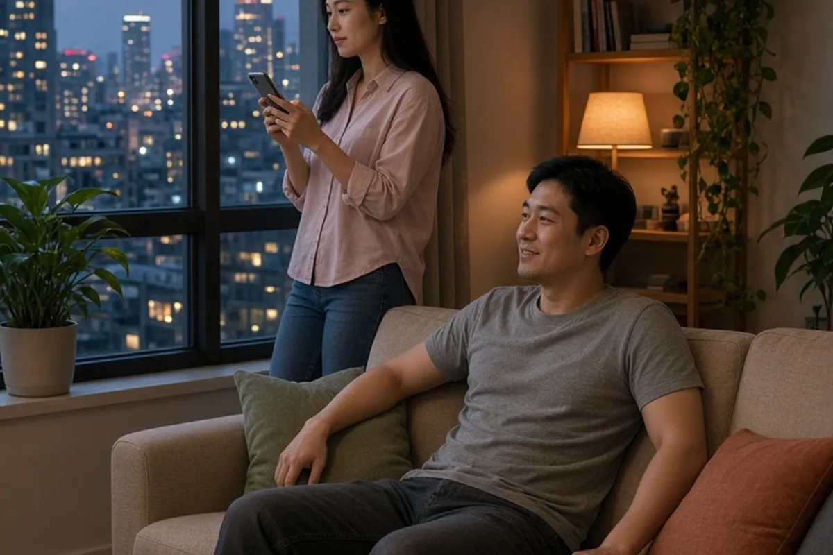 A man and a woman in a living room, with the man sitting on the couch and the woman standing by the window with phone