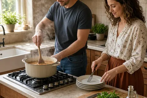 A man cooking in a kitchen while a woman sets the table with plates and cutlery
