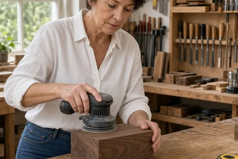 A fifty-two-year-old woman with short brown hair sanding a wooden box at a wooden workbench in a community workshop