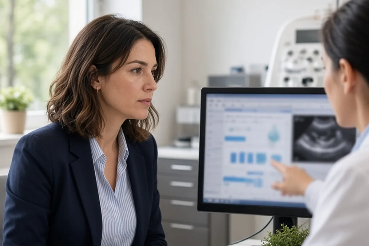 A woman in her early thirties with shoulder-length brown hair wearing a professional blouse and blazer sitting across from a doctor in a white coat in a clinical consultation room reviewing medical te