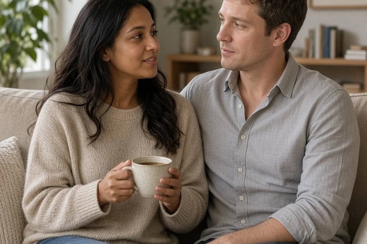 Priya and Julian sitting on a couch in their home living room, engaged in conversation with Priya holding a mug of coffee