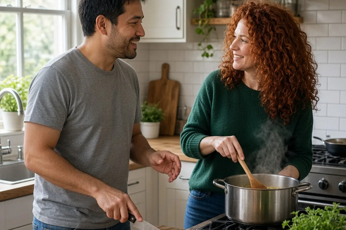 A man and a woman cooking dinner together in a kitchen, the man chopping vegetables and the woman stirring a pot while talking.