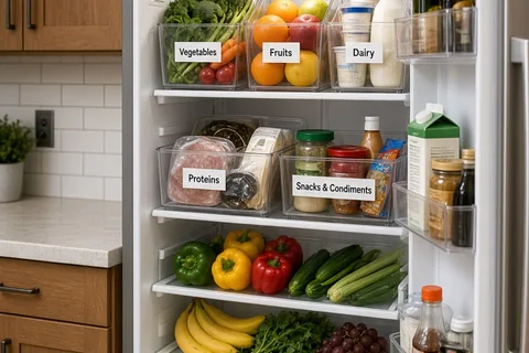 Open refrigerator with labeled food storage containers and adjacent pantry shelves with labeled boxes
