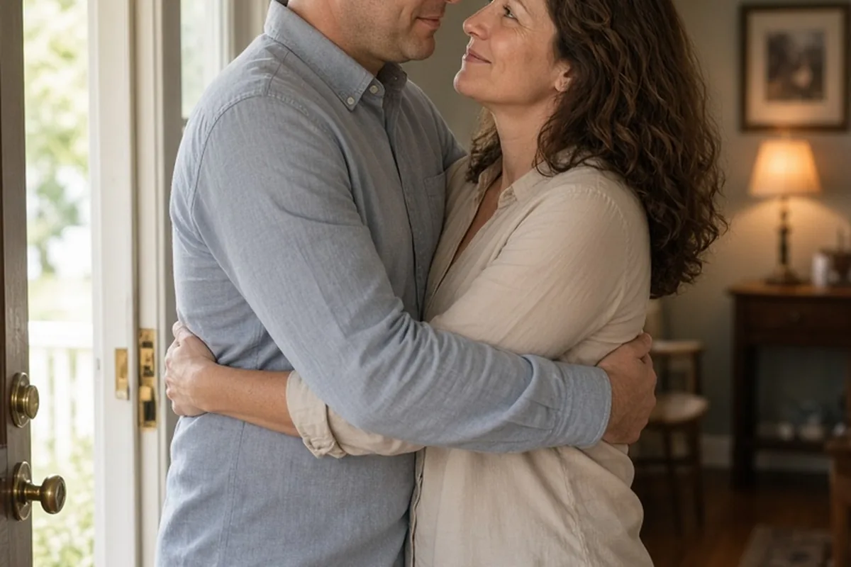 Marcus and Elena sharing a warm hug in the suburban home entryway