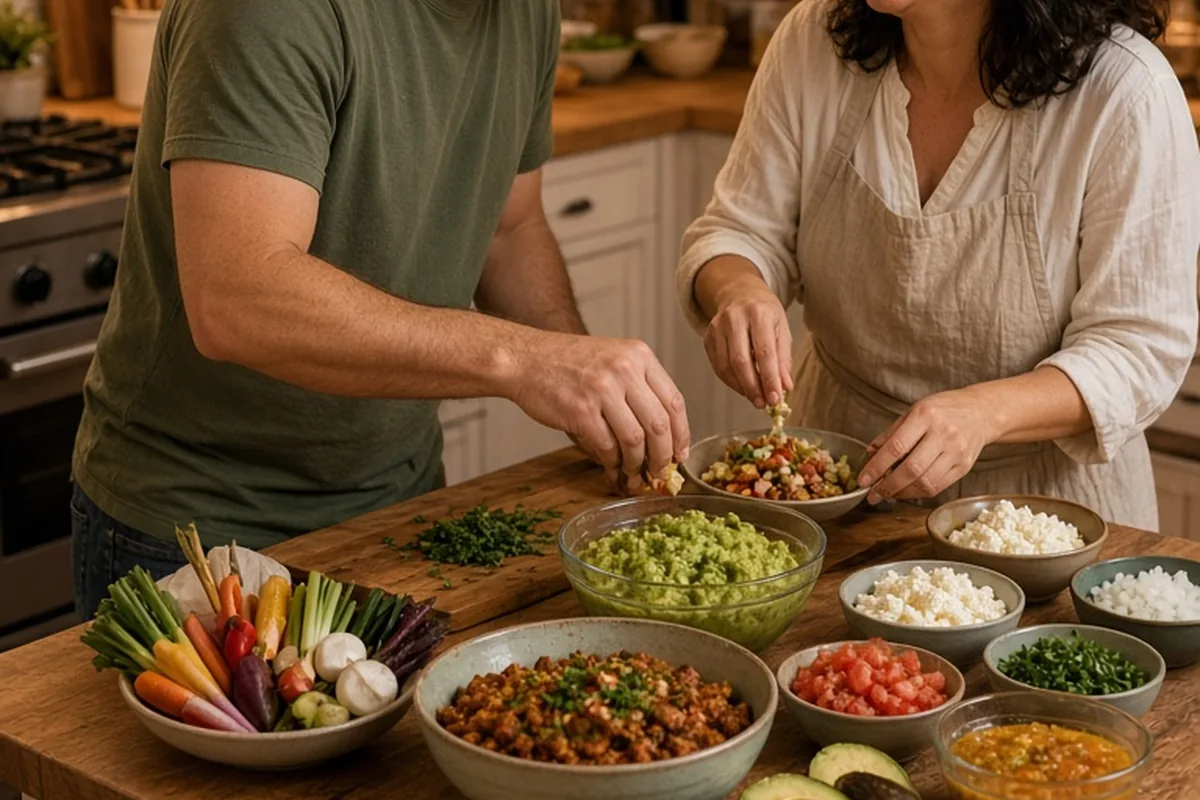 A couple laughing while cooking tacos together in their home kitchen, with their phones in a drawer, setting up a taco bar for an intimate dinner.