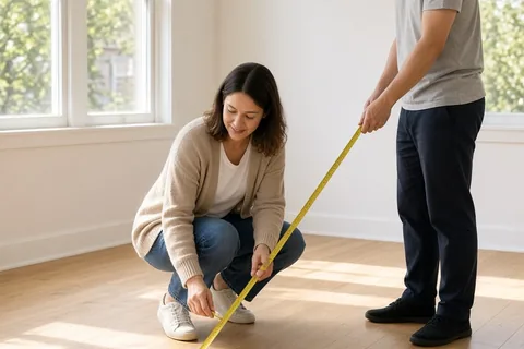 A couple measuring the floor plan of an empty apartment with a tape measure