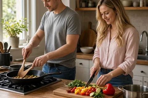 A couple in a small kitchen preparing food together, one stirring in a cast iron skillet and the other chopping vegetables with a chef's knife under natural window light.