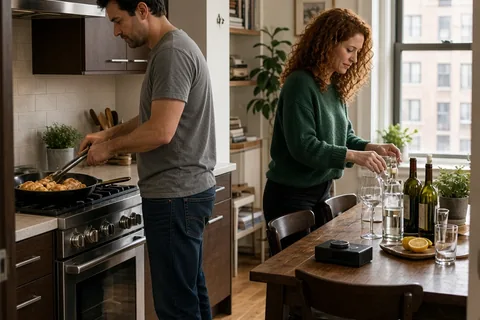 A man cooking chicken at the stove and a woman arranging glasses on a dining table in an open-plan apartment kitchen and dining area